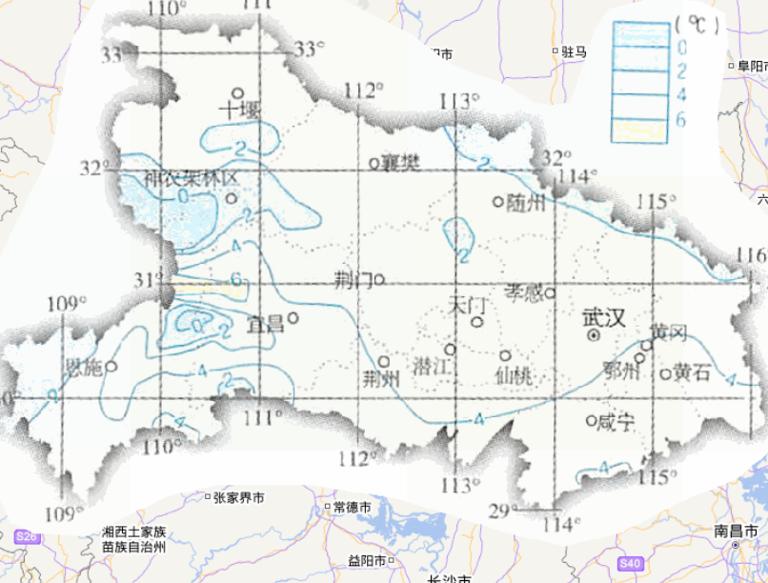 中国湖北省一月平均气温在线地图