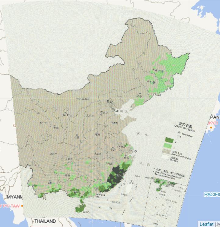 2016年中国台风灾害分县受灾次数在线地图