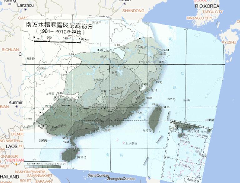 1981-2010年中国平均南方水稻寒露风出现初日在线地图