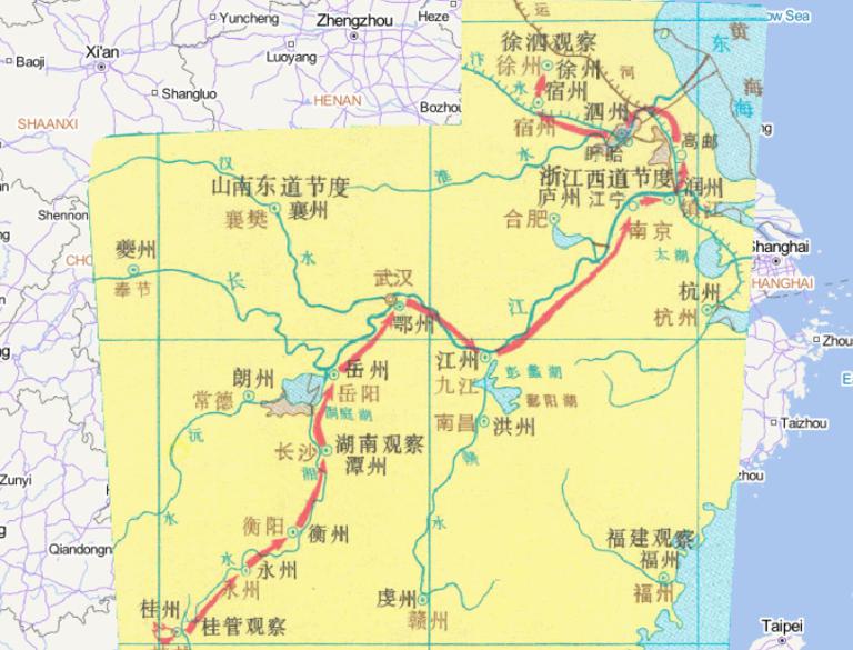 中国唐朝时期庞勋起义北上路线（868年7月-869年10月）的在线地图