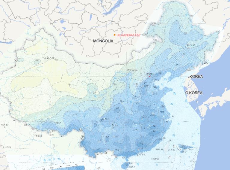 中国连续降水量100年一遇阈值分布在线地图