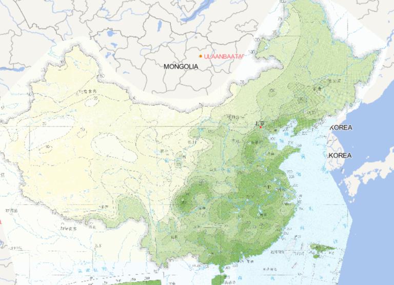 中国日降水量100年一遇阈值分布在线地图