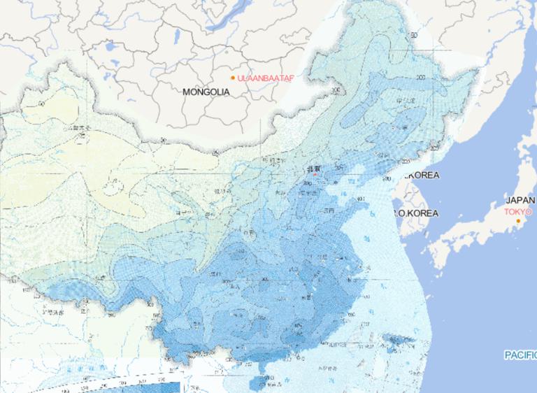 中国连续降水量50年一遇阈值分布在线地图