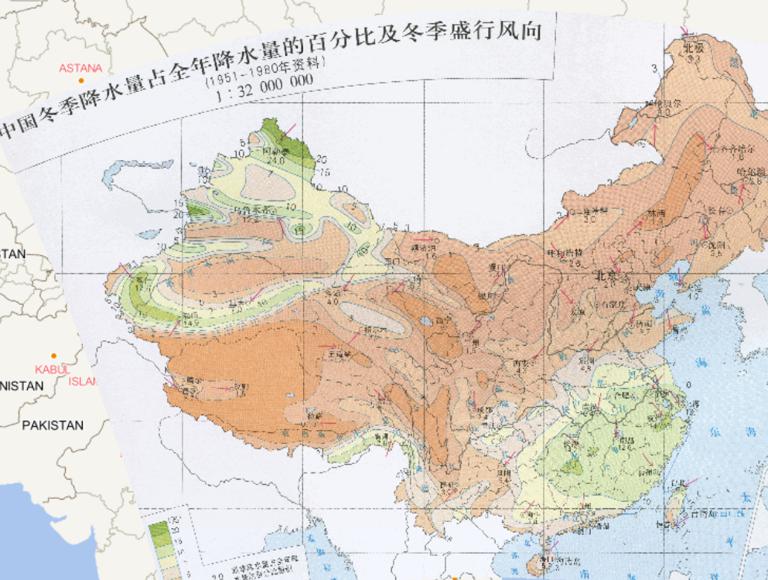 中国冬季降水量占全年降水量的百分比及冬季盛行风向（1951-1980年资料）在线地图