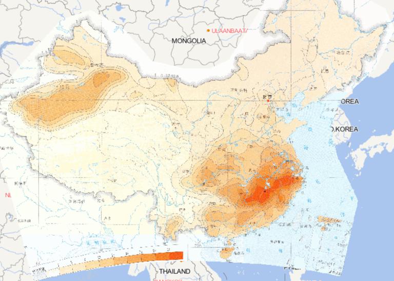 中国连续高温日数50年一遇阈值分布在线地图