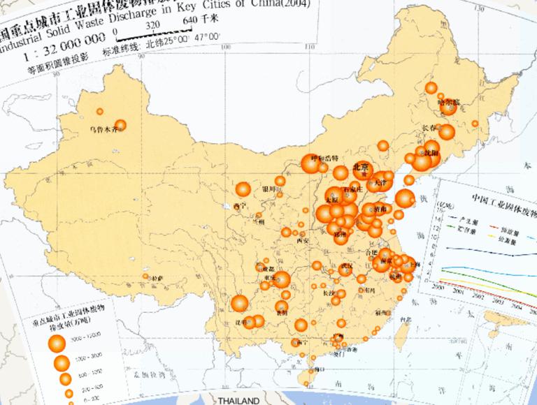 2004年中国重点城市工业固体废物排放状况在线地图