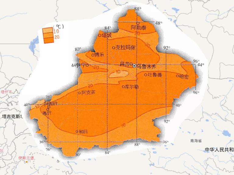 中国新疆维吾尔自治区七月平均气温在线地图