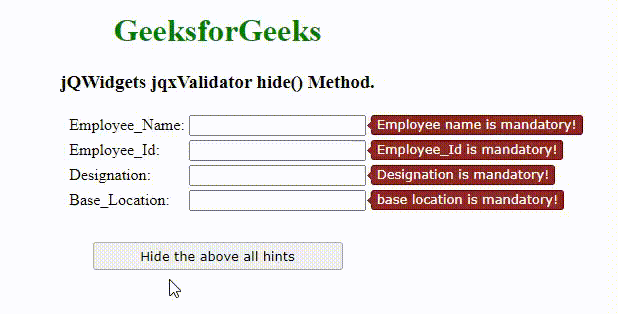 jQWidgets jqxValidator hide()方法