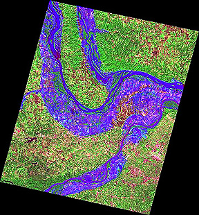 Merged color JERS-1/SPOT-3 image of a flood in the lowlands northwest of St. Louis, Missouri, August 1993.