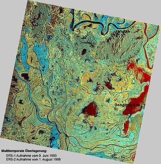 A multitemporal radar image using a ERS-1 June, 1993 view of an area along the Yangtse River registered with a ERS-2 August 1, 1998 scene of the same area.