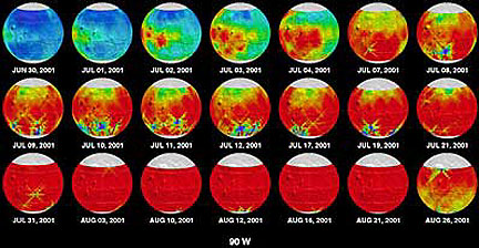 Sequential display of the amount and extent of dust (maximum in red) in the martian atmosphere during a major storm beginning in July, 2001.